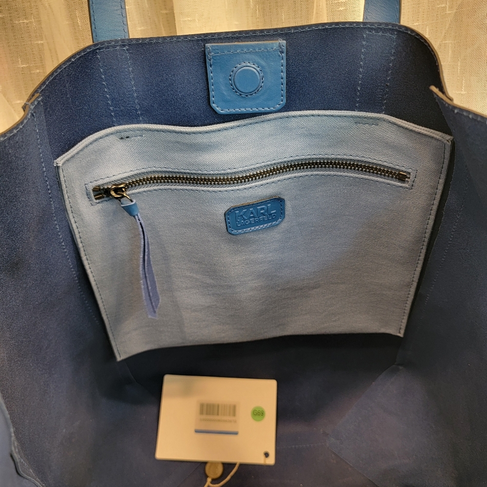 Karl Lagerfeld Karl Signature Perforated Leather Shopper Tote Blue NWT - Picture 6 of 10